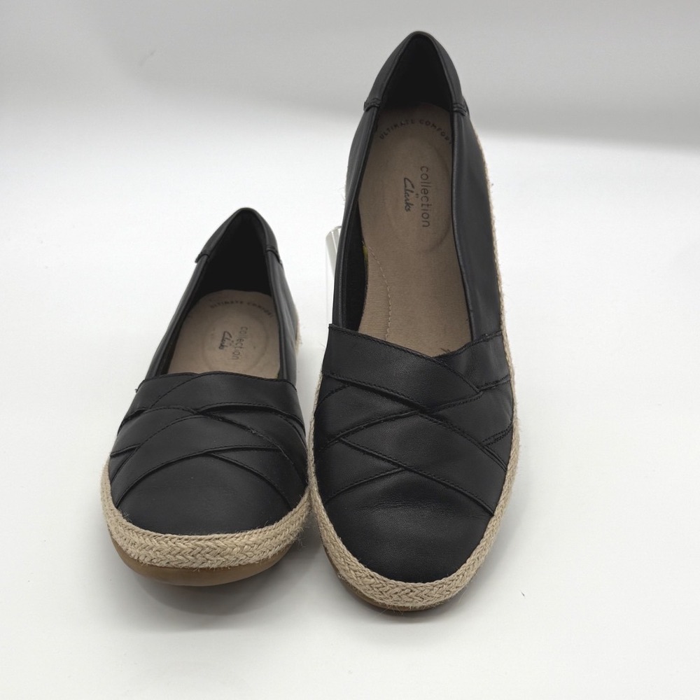 Clarks Espadrille Flats Womens 9.5 Black Leather Danelly Shine Comfort
 Slip on